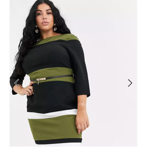 Paper Dolls Plus stripe belted midi dress in olive and black